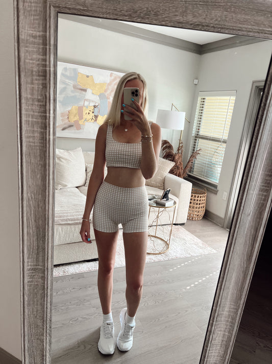 Beige Gingham Biker Shorts